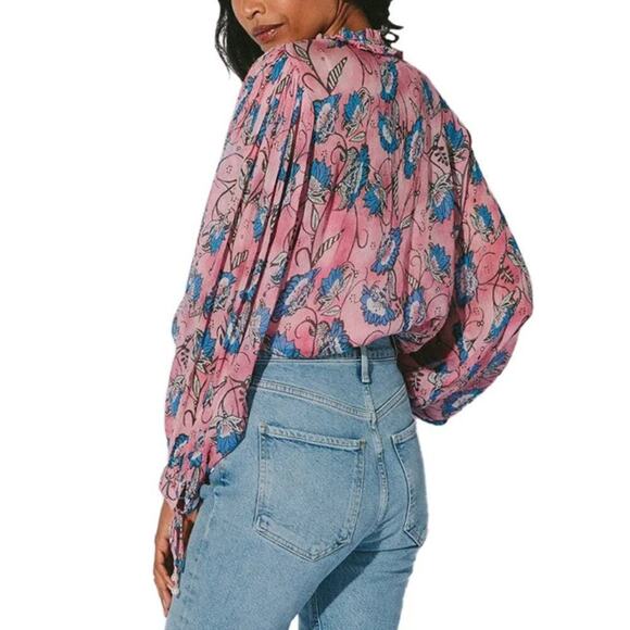 Cleobella Emily Blouse Top Lotus Print Long Sleeves Flowy Pink Blue Size XL - Picture 3 of 12